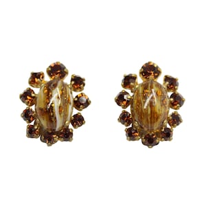 Vintage Brown & Amber Crystal Rhinestone Clip-On Earrings, Retro Statement Jewelry