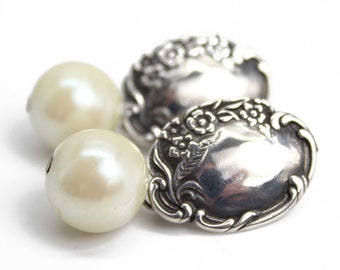 Vintage Foree Sterling Silver and Pearl Dangle Earrings