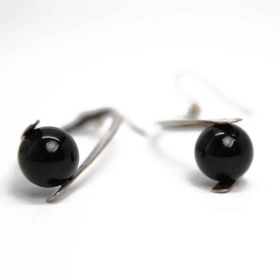 Modern Twisted Sterling Silver Earrings with Blac… - image 3