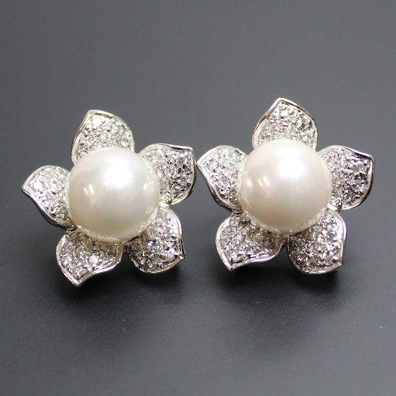 Vintage Faux Pearl and Rhinestone Stud Earrings, … - image 1