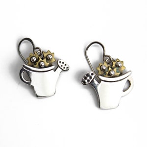 Sterling Silver and Brass Watering Can Earrings with Flowers, Women&#39;s Garden Lover Jewelry Gift Ideas