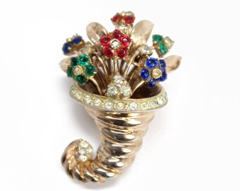 Coro Craft Sterling Gold Vermeil Jeweled Cornucopia Pin Clip Brooch With Red, Blue, And Green Faceted Flowers
