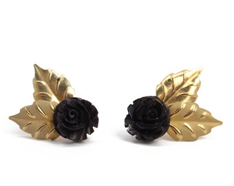 Cultra 14kt Gold Filled Carved Lucite Black Rose Screw Back Earrings with Original Jewelry Box, Vintage 1950's
