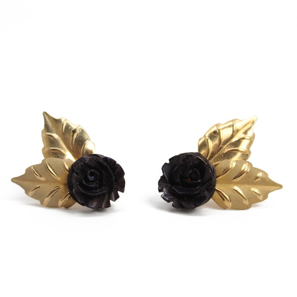 Cultra 14kt Gold Filled Carved Lucite Black Rose Screw Back Earrings with Original Jewelry Box, Vintage 1950's