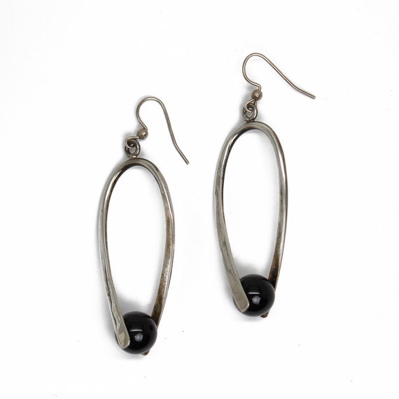 Modern Twisted Sterling Silver Earrings with Blac… - image 1