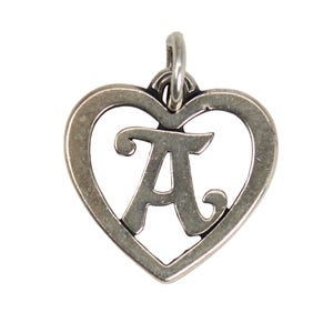 May include: A silver-toned pendant in the shape of a heart, with the letter "A" in the center. The pendant has a loop at the top for attaching to a chain. The design is simple and elegant, suitable for everyday wear.