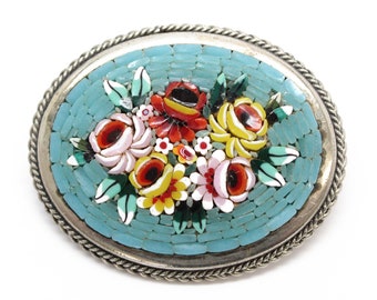 Vintage Italian Micro Mosaic Floral Brooch - Mid-Century Handmade Oval Pin Estate Jewelry Souvenir
