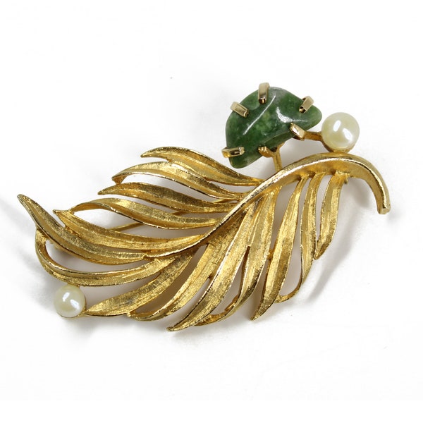 Vintage Lisner Feather Leaf Brooch, Gold Tone Feather Pin with Faux Pearls and Green Stone, Estate Collection Jewelry