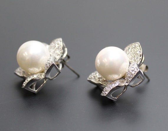Vintage Faux Pearl and Rhinestone Stud Earrings, … - image 2