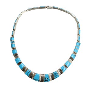 Taxco 950 Silver Blue Turquoise Collar Necklace with Hinged Links, 16 Inches