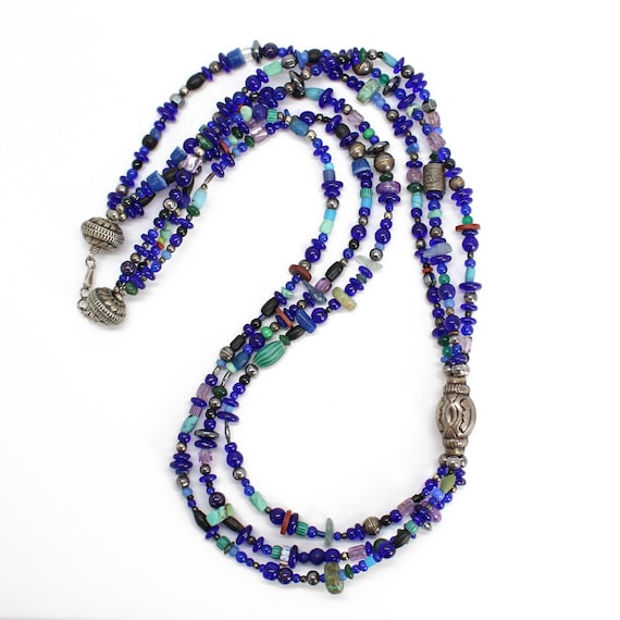 Cobalt Blue Trade Bead Necklace, Vintage Multi St… - image 1
