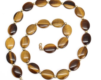 Vintage Tiger's Eye Oval Bead Necklace,  24" Gold Tone Clasp Marked 925, Brown Statement Gemstone Necklace for Women