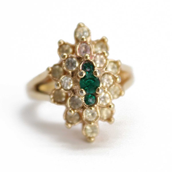 Vintage 18K HGE Faux Emerald and Diamond Cocktail Ring, Size 5.75 US Ring