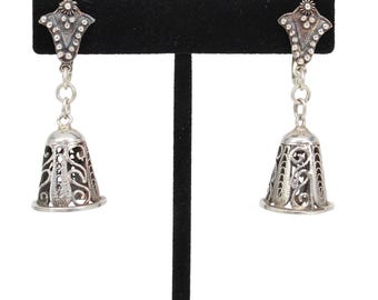 Vintage Sterling Silver Filigree Bell Earrings, Screw Back Non-Pierced, Dangle Drop, Stamped MACEINSIAM