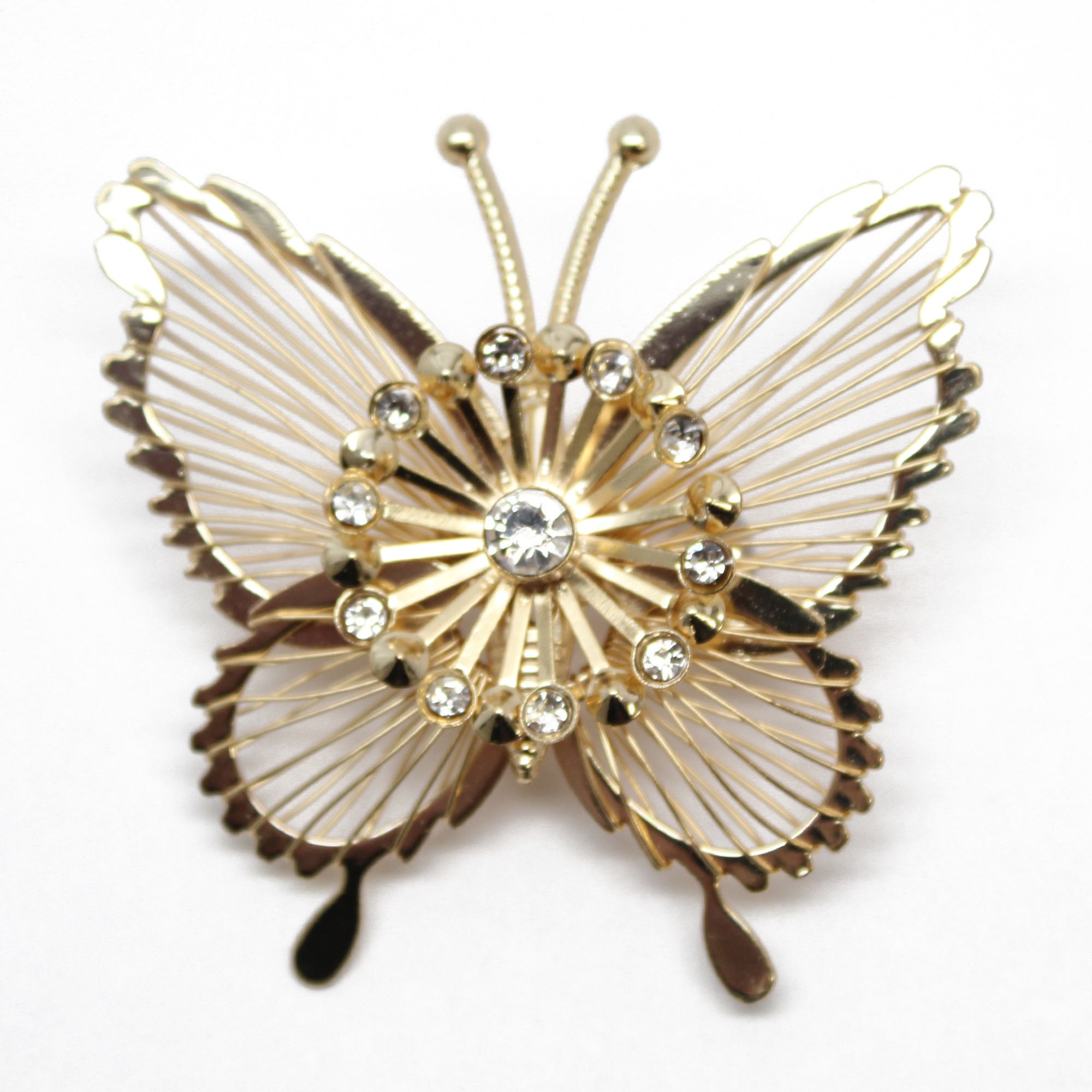 Broche Vintage Papillon Cristaux Dorés - Bijou Ancien Brillant, Occasion, Référence 544