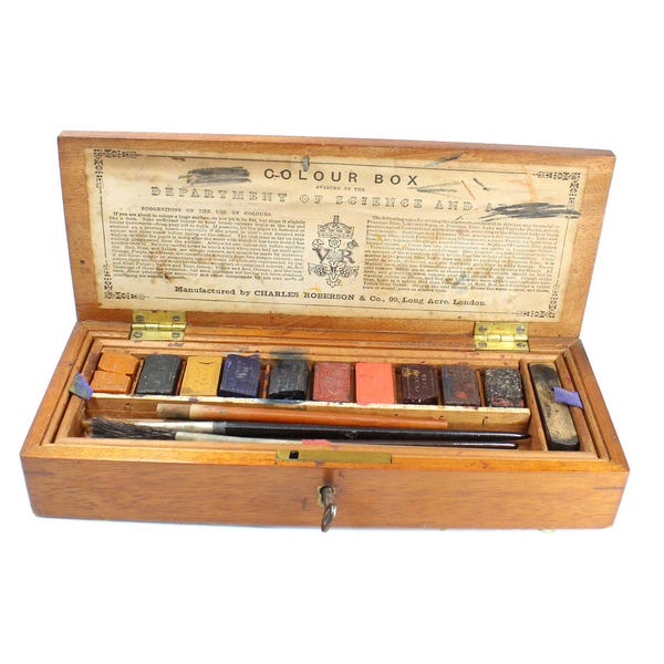 Victorian Mahogany Cased Watercolour Paint Set, Artist Colour Box, Awarded by The Science and Art Department C.1860