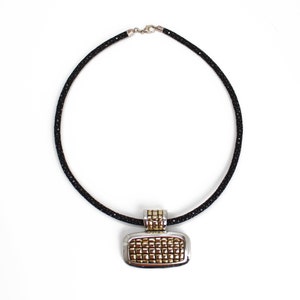 Gold and Silver Toned Rectangular Pendant Necklace on Black Cord, 16 Inches, Signed Schofer Germany