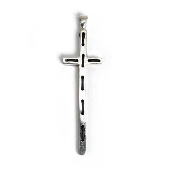 Long Sterling Silver Cross Pendant with Stitched … - image 1