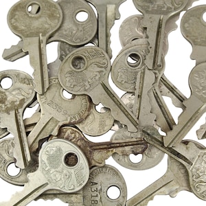 May include: A collection of vintage metal keys, many with the "Master Lock" logo and a lion emblem. Some keys have stamped numbers and text. The keys are silver-toned and show signs of age and wear, with a few exhibiting rust.