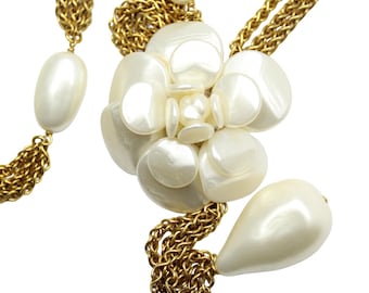 Coco Chanel Camelia Mother of Pearl Gold-Tone Chain Necklace with Logo, Gripoix