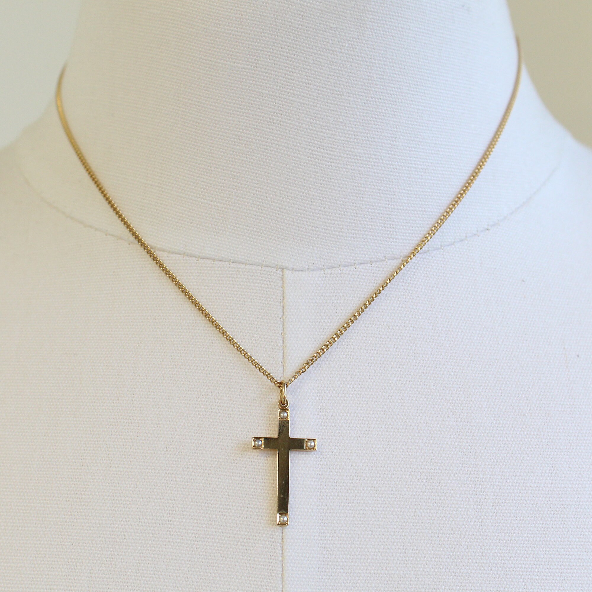 14K Gold Cross Pendant With Pearls on 
