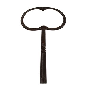 May include: A vintage, antique-style key with a dark brown, rusty finish. The key features a double-oval handle and a long, cylindrical stem with decorative detailing. The key is isolated on a white background.