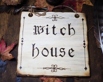 Hexenhaus, Holztafel zum Aufhängen, Brandmalerei, Wicca-Kunsthandwerk, Heidentum, personalisierte Geschenke