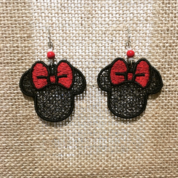 Minnie ears fsl embroidered hanging earrings digital file