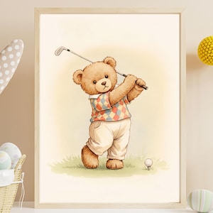 Teddy Bear Golf Print, Nursery Wall Art, Kids Room Decor, Baby Shower Gift, Golf Theme, Watercolor, Sports Decor, Instant Download, Digital.