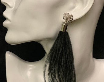 Extra long blush black ostrich feather earrings Long tassel fluffy earrings Luxury handmade jewelry Beaded dangle earrings Gemstone drop