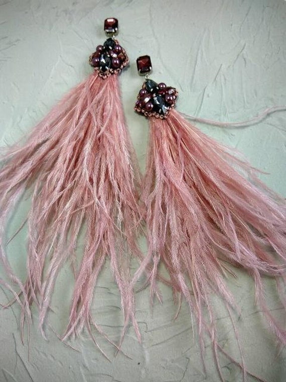 Extra long blush pink ostrich feather earrings – Dance Dressing