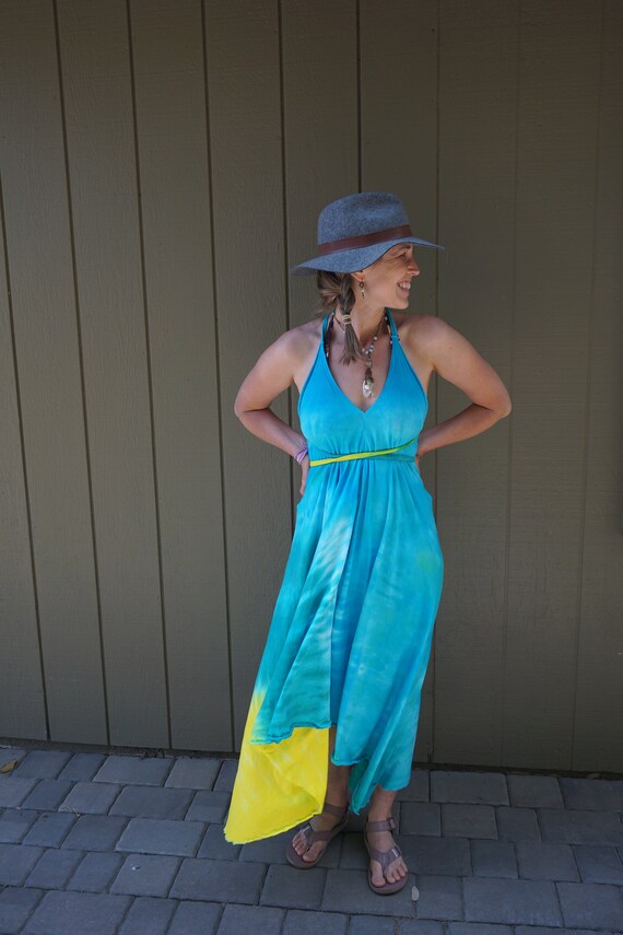 blue and yellow tie dye dress A-Line Jersey Dress Yellow Blue Tie Dye – KMW