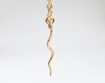 Gold Pendant Snake Charm Hammered Handmade - Long Pendant for Necklace - Sterling Silver Pendant