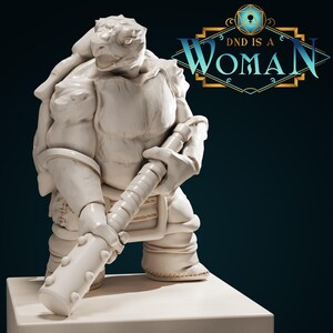 May include: A white figurine of a fantasy character, holding a club. The figure is wearing armour and boots. The text "DND IS A WOMAN" is displayed in a gold and blue design.
