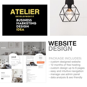 Può includere: Pacchetto di progettazione di siti Web per le aziende, che presenta una bozza di un sito Web di hotel con una descrizione della camera e un pulsante di prenotazione. Il pacchetto include la progettazione di siti Web personalizzata, 12 mesi di hosting gratuito, fino a 6 pagine, navigazione facile, pannello di amministrazione, analisi dei dati e ottimizzazione SEO.