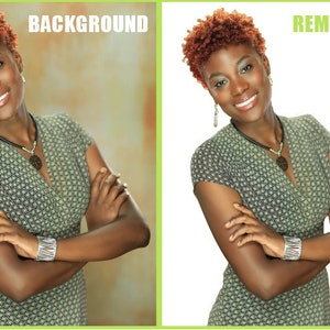 May include: A woman with short, curly, reddish-brown hair is wearing a green and white patterned dress with a silver bracelet on her left wrist. She is standing with her arms crossed in front of her. The background is a light brown color.