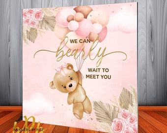 We can Bearly Wait Teddy Bear Backdrop Blush Pink Watercolor Banner for Girl Baby Shower or First Birthday Party Designed Printed & Shipped!