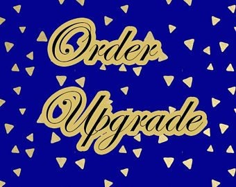 May include: Gold text on a blue background with confetti. The text reads "Order Upgrade".
