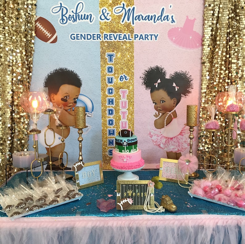 Touchdowns and Tutus Gender Reveal Backdrop- Custom Gender Reveal Banner for Baby Shower or Gender Reveal Party image 2