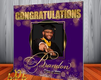 Fondo fotográfico para graduación o baile de graduación con bokeh morado y dorado. Banner fotográfico personalizado para graduación de 2026. Banner personalizado para cumpleaños.