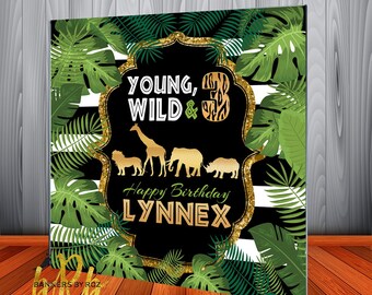 Telón de fondo de cumpleaños con tema Young Wild y 3 Safari - Personalizado para cumpleaños de 3 años - Banners y fondos de cumpleaños con tema Lion Jungle