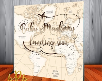 World Map neutral travel theme Backdrop for Baby Shower -Printed & Shipped!