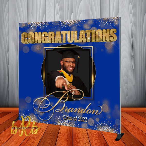Graduation Photo Backdrop Royal Blue and Gold Bokeh - Personalized Graduation Photo Banner - Class of 2023  Prom - Birthday -Custom Banner