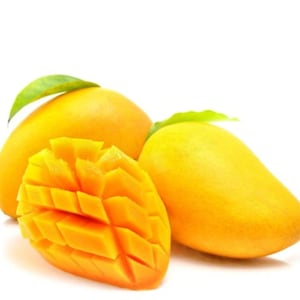 May include: Three ripe yellow mangoes, one sliced open to reveal the juicy, yellow flesh. The mangoes are arranged on a white background.