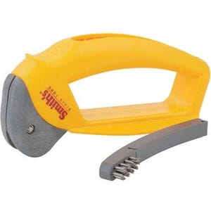 Puede incluir: Afilador de cuchillos amarillo y gris con mango y herramienta de afilado separada. El mango es amarillo con un extremo gris. El texto "Smith's Since 1886" está impreso en el lateral.