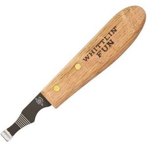 May include: A wood-handled carving knife with the text "WHITTLIN' FUN" printed on the handle. The blade is black with a silver tip. Two brass-colored rivets secure the blade to the handle. The knife is designed for wood carving.