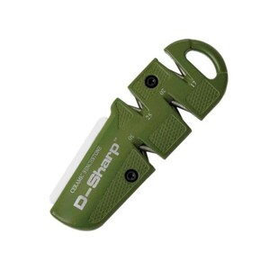 May include: Olive green D-Sharp ceramic benchstone knife sharpener. The sharpener has a textured grip and features angle guides for 17, 20, 25, and 30 degrees. The sharpener has a loop for hanging.