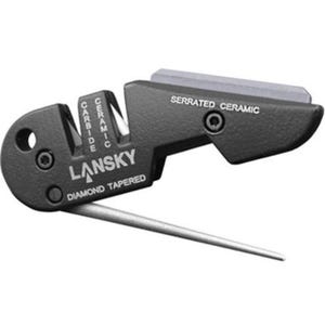 May include: A black Lansky knife sharpener with "Lansky" and "Diamond Tapered" text. It features carbide, ceramic, and serrated ceramic sharpening components. A silver tapered rod extends from the base.
