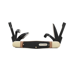 May include: A multi-tool pocket knife with several open blades and tools. The knife has a black and brown textured handle with the word "OLDTIMER" printed on it. The open tools are black and silver.