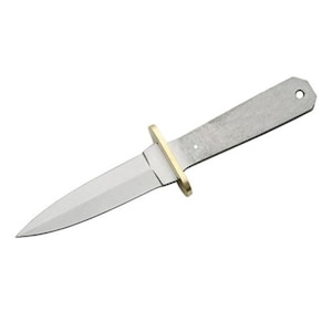 May include: A silver-colored dagger with a double-edged blade and a brass-colored handguard. The handle is a flat, unadorned piece of metal with a hole at the end. The knife is set against a white background.